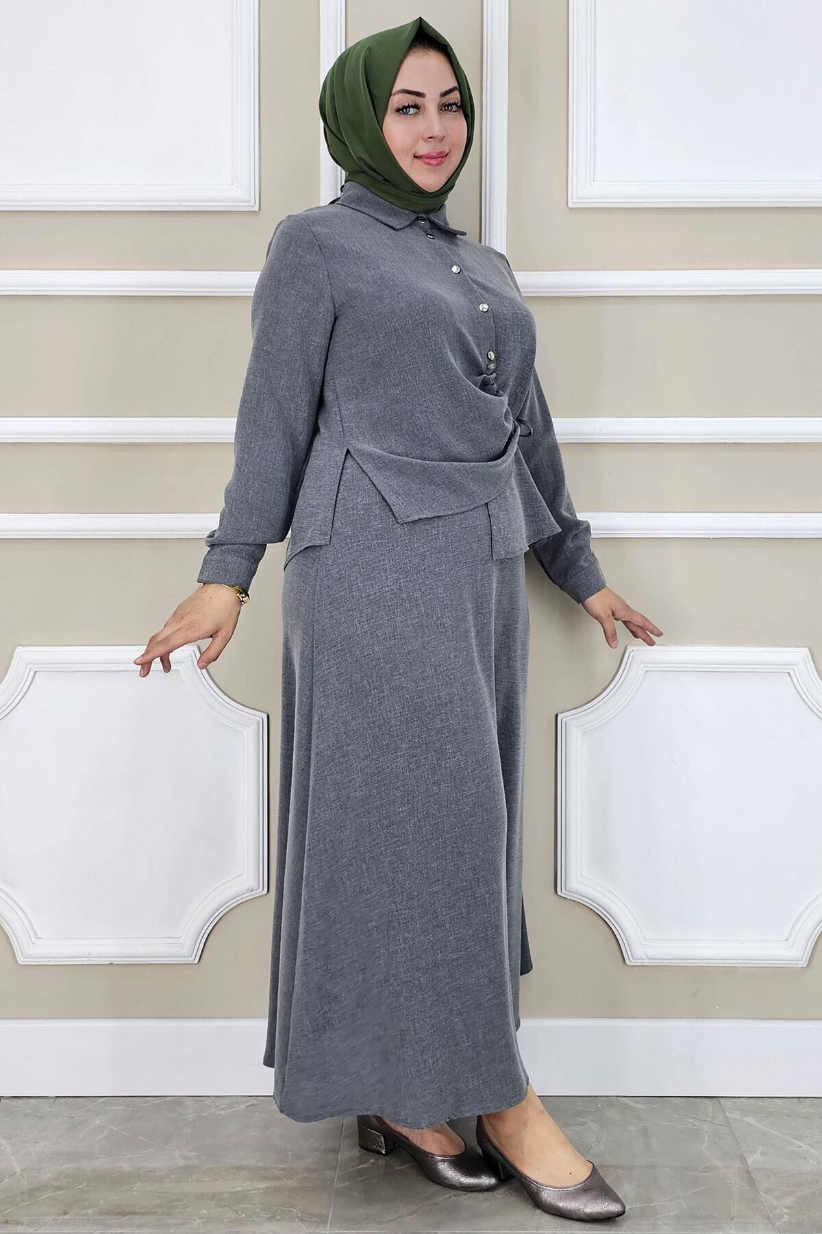 PYS KADIN BAĞLAMA DETAYLI ETEKLİ TESETTÜR TAKIM GRİ - 2 BEDEN