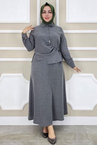 PYS KADIN BAĞLAMA DETAYLI ETEKLİ TESETTÜR TAKIM GRİ - 2 BEDEN