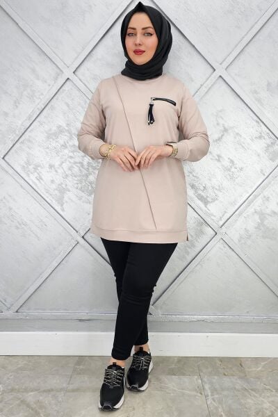 KADIN CEBİ KOMBİN VE AKSESUAR DETAYLI TESETTÜR TUNİK BEJ - 2XL