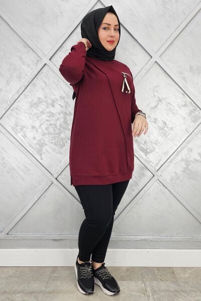 KADIN CEBİ KOMBİN VE AKSESUAR DETAYLI TESETTÜR TUNİK BORDO - XL