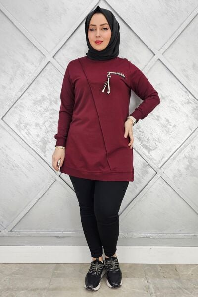 KADIN CEBİ KOMBİN VE AKSESUAR DETAYLI TESETTÜR TUNİK BORDO - XL