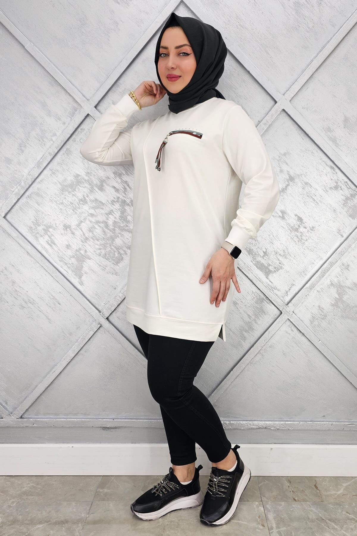 KADIN CEBİ KOMBİN VE AKSESUAR DETAYLI TESETTÜR TUNİK EKRU - L