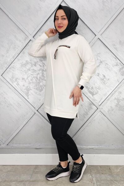 KADIN CEBİ KOMBİN VE AKSESUAR DETAYLI TESETTÜR TUNİK EKRU - L