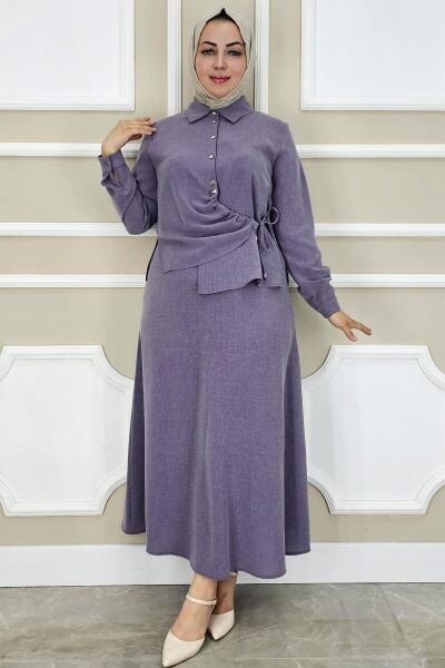 PYS KADIN BAĞLAMA DETAYLI ETEKLİ TESETTÜR TAKIM LİLA - 2 BEDEN