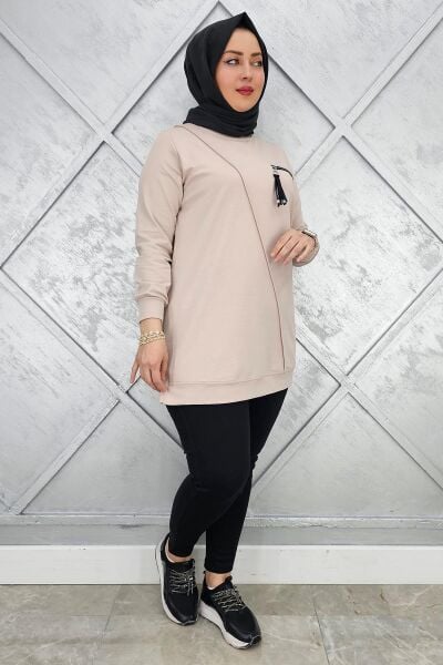 KADIN CEBİ KOMBİN VE AKSESUAR DETAYLI TESETTÜR TUNİK BEJ - L