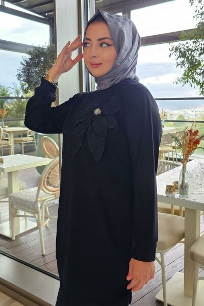 KADIN DİKME ÇİÇEK DETAYLI TESETTÜR TAKIM SİYAH - 2 BEDEN