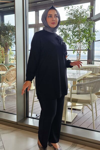 KADIN DİKME ÇİÇEK DETAYLI TESETTÜR TAKIM SİYAH - 2 BEDEN
