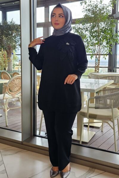 KADIN DİKME ÇİÇEK DETAYLI TESETTÜR TAKIM SİYAH - 2 BEDEN