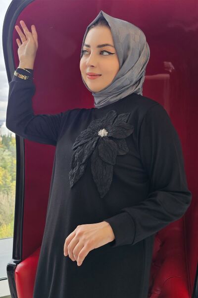 KADIN DİKME ÇİÇEK DETAYLI TESETTÜR TAKIM SİYAH - 2 BEDEN