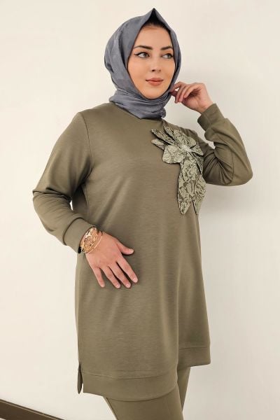 KADIN DİKME ÇİÇEK DETAYLI TESETTÜR TAKIM HAKİ - 3 BEDEN