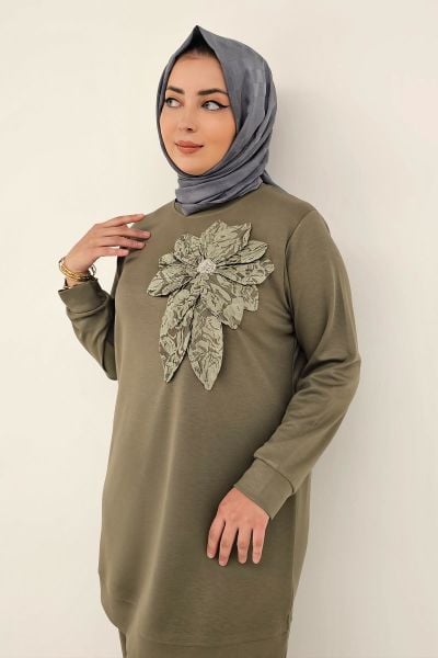 KADIN DİKME ÇİÇEK DETAYLI TESETTÜR TAKIM HAKİ - 3 BEDEN