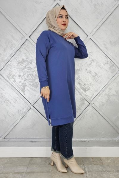 KADIN ETİKET DETAYLI TAKMA KOL TESETTÜR TUNİK İNDİGO - 2 BEDEN