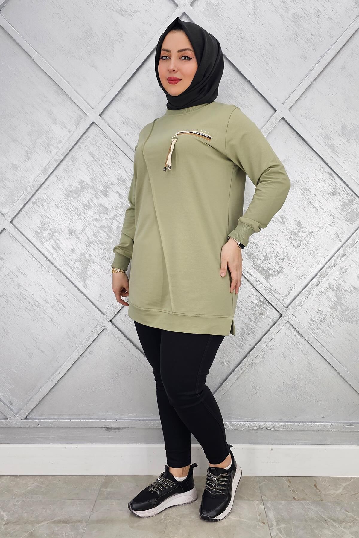 KADIN CEBİ KOMBİN VE AKSESUAR DETAYLI TESETTÜR TUNİK HAKİ - 3XL