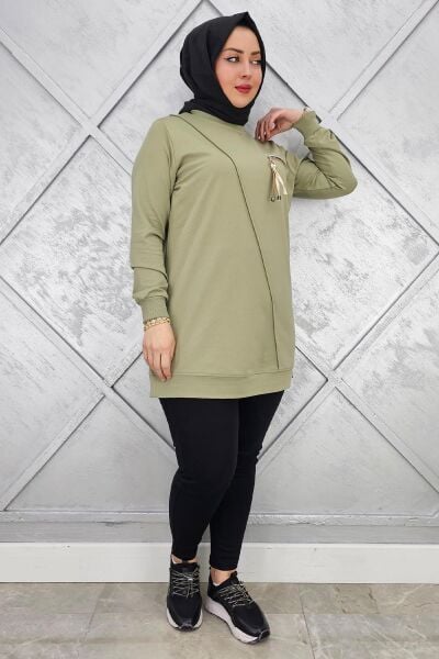 KADIN CEBİ KOMBİN VE AKSESUAR DETAYLI TESETTÜR TUNİK HAKİ - 3XL