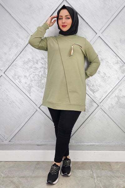 KADIN CEBİ KOMBİN VE AKSESUAR DETAYLI TESETTÜR TUNİK HAKİ - 3XL