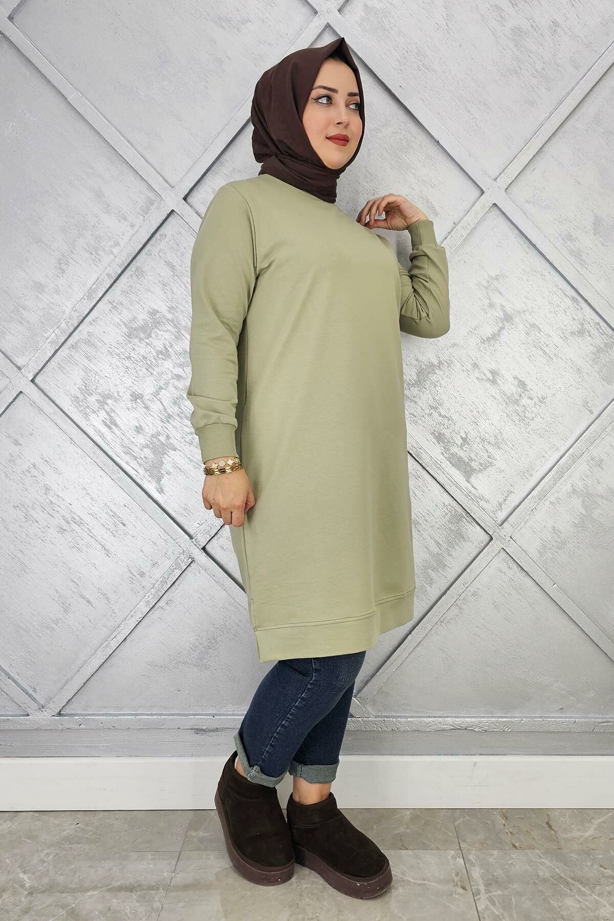 KADIN ETİKET DETAYLI TAKMA KOL TESETTÜR TUNİK MİNT YEŞİLİ - 2 BEDEN