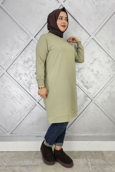 KADIN ETİKET DETAYLI TAKMA KOL TESETTÜR TUNİK MİNT YEŞİLİ - 2 BEDEN