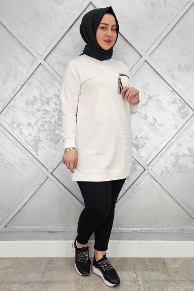 KADIN CEBİ KOMBİN VE AKSESUAR DETAYLI TESETTÜR TUNİK EKRU - 3XL