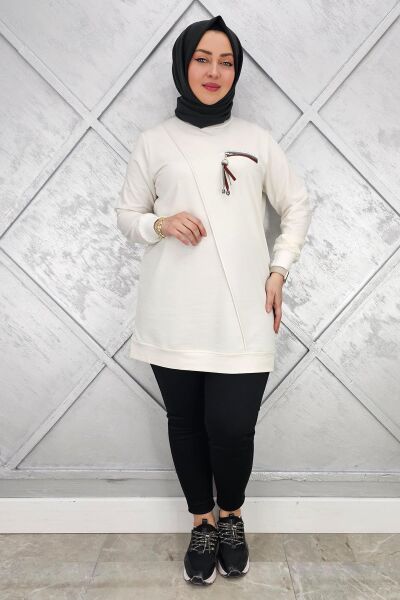 KADIN CEBİ KOMBİN VE AKSESUAR DETAYLI TESETTÜR TUNİK EKRU - 3XL