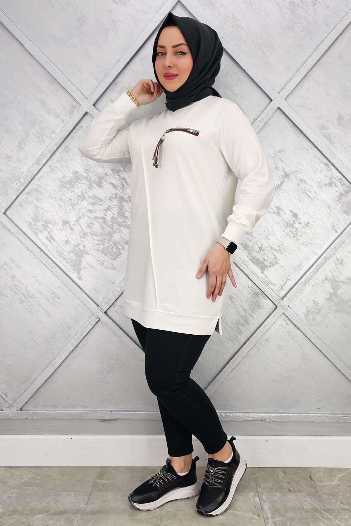 KADIN CEBİ KOMBİN VE AKSESUAR DETAYLI TESETTÜR TUNİK EKRU - XL