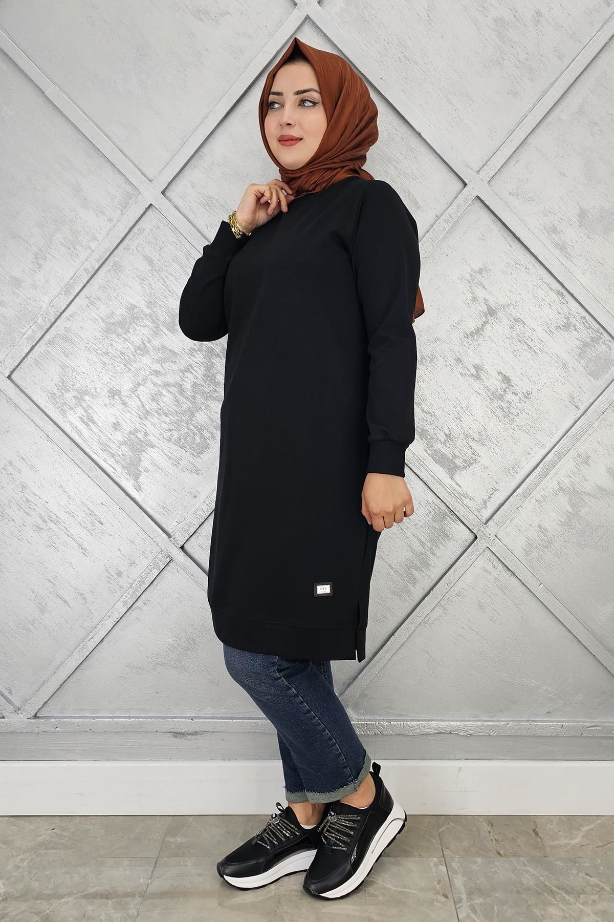 KADIN ETİKET DETAYLI TAKMA KOL TESETTÜR TUNİK SİYAH - 2 BEDEN