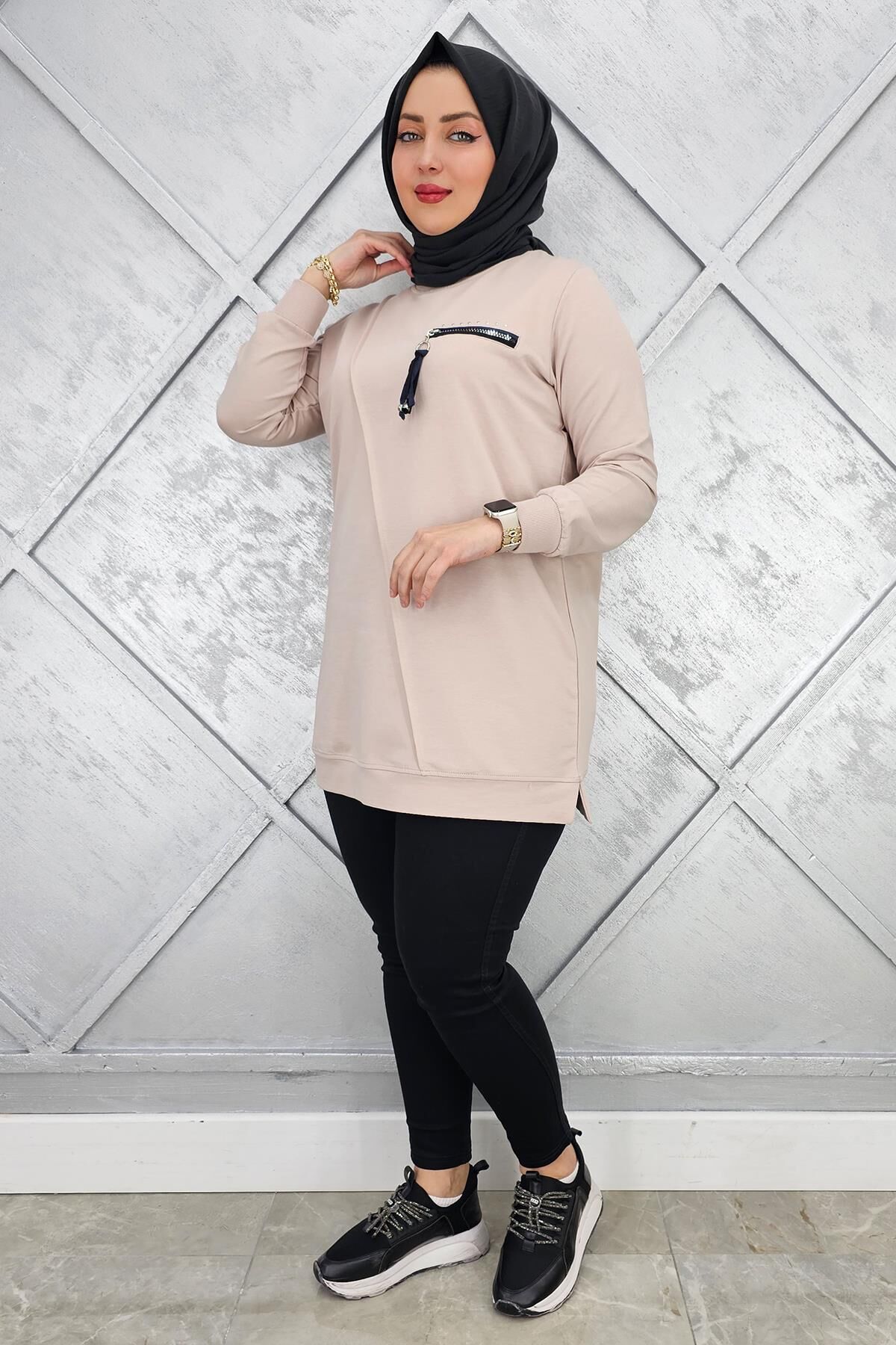 KADIN CEBİ KOMBİN VE AKSESUAR DETAYLI TESETTÜR TUNİK BEJ - XL