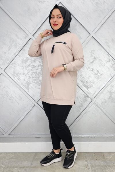 KADIN CEBİ KOMBİN VE AKSESUAR DETAYLI TESETTÜR TUNİK BEJ - XL