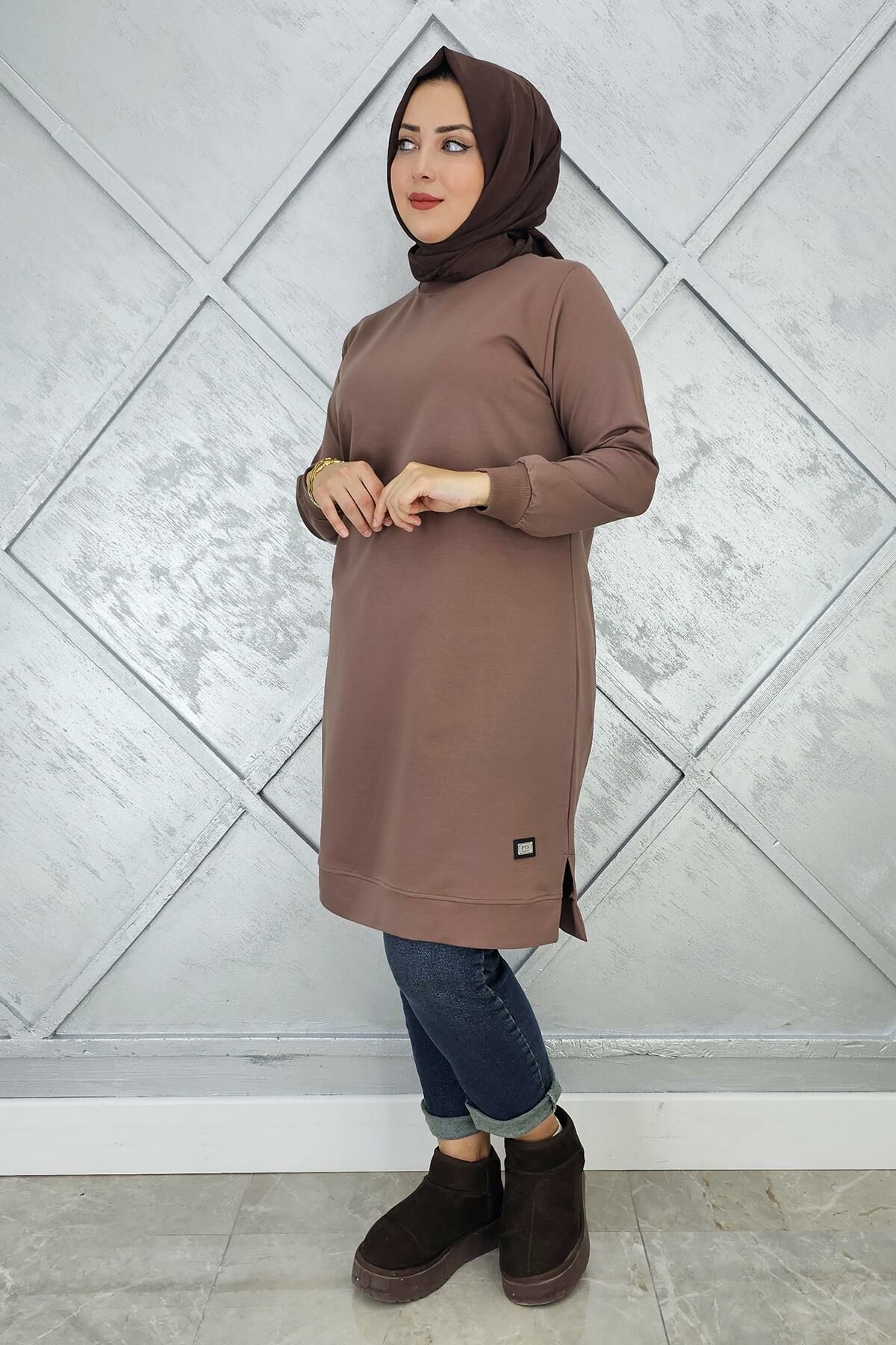 KADIN ETİKET DETAYLI TAKMA KOL TESETTÜR TUNİK VİZON - 4 BEDEN