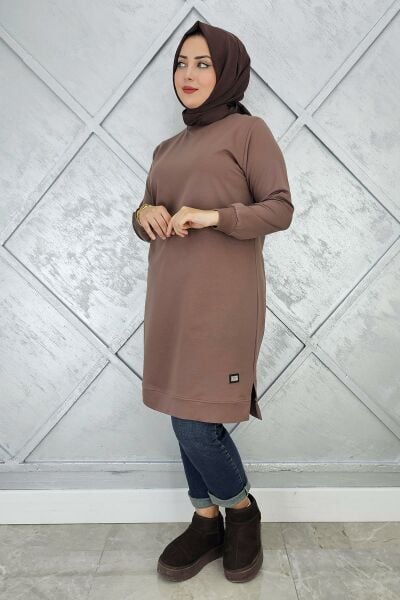 KADIN ETİKET DETAYLI TAKMA KOL TESETTÜR TUNİK VİZON - 4 BEDEN