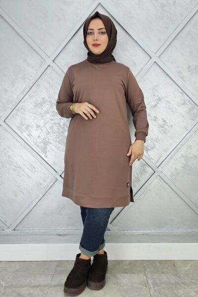 KADIN ETİKET DETAYLI TAKMA KOL TESETTÜR TUNİK VİZON - 4 BEDEN