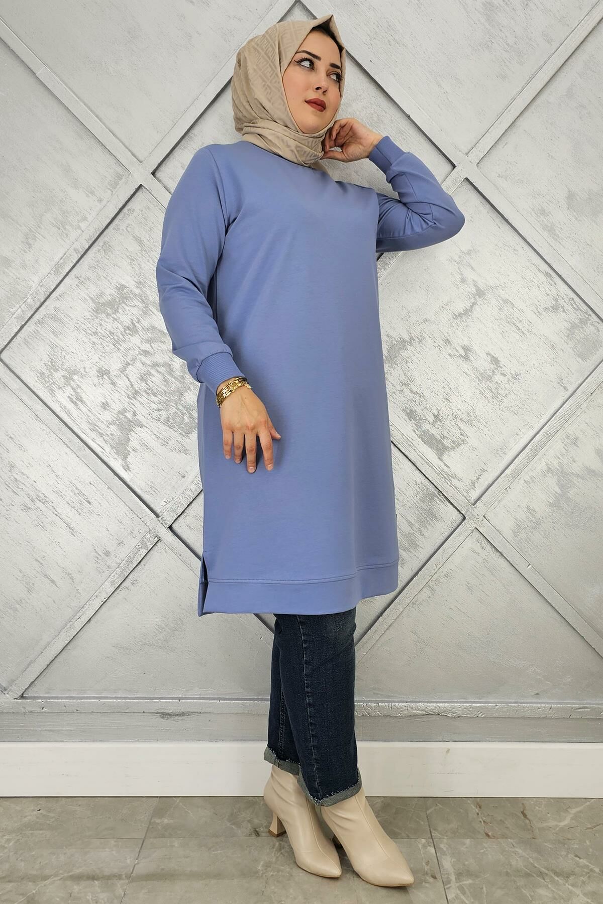 KADIN ETİKET DETAYLI TAKMA KOL TESETTÜR TUNİK MAVİ - 2 BEDEN