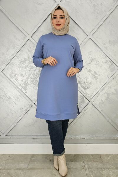 KADIN ETİKET DETAYLI TAKMA KOL TESETTÜR TUNİK MAVİ - 2 BEDEN
