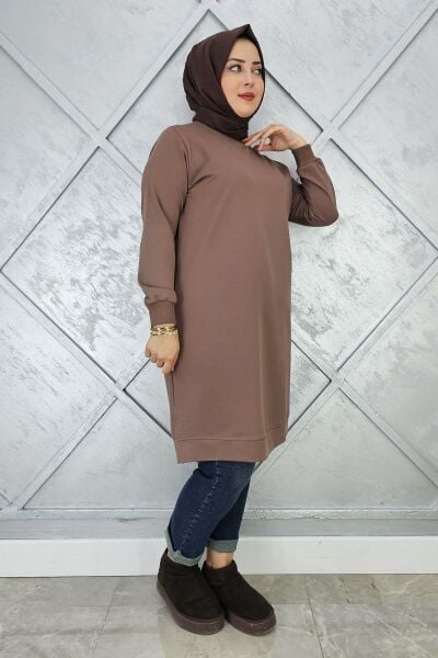 KADIN ETİKET DETAYLI TAKMA KOL TESETTÜR TUNİK VİZON - 3 BEDEN
