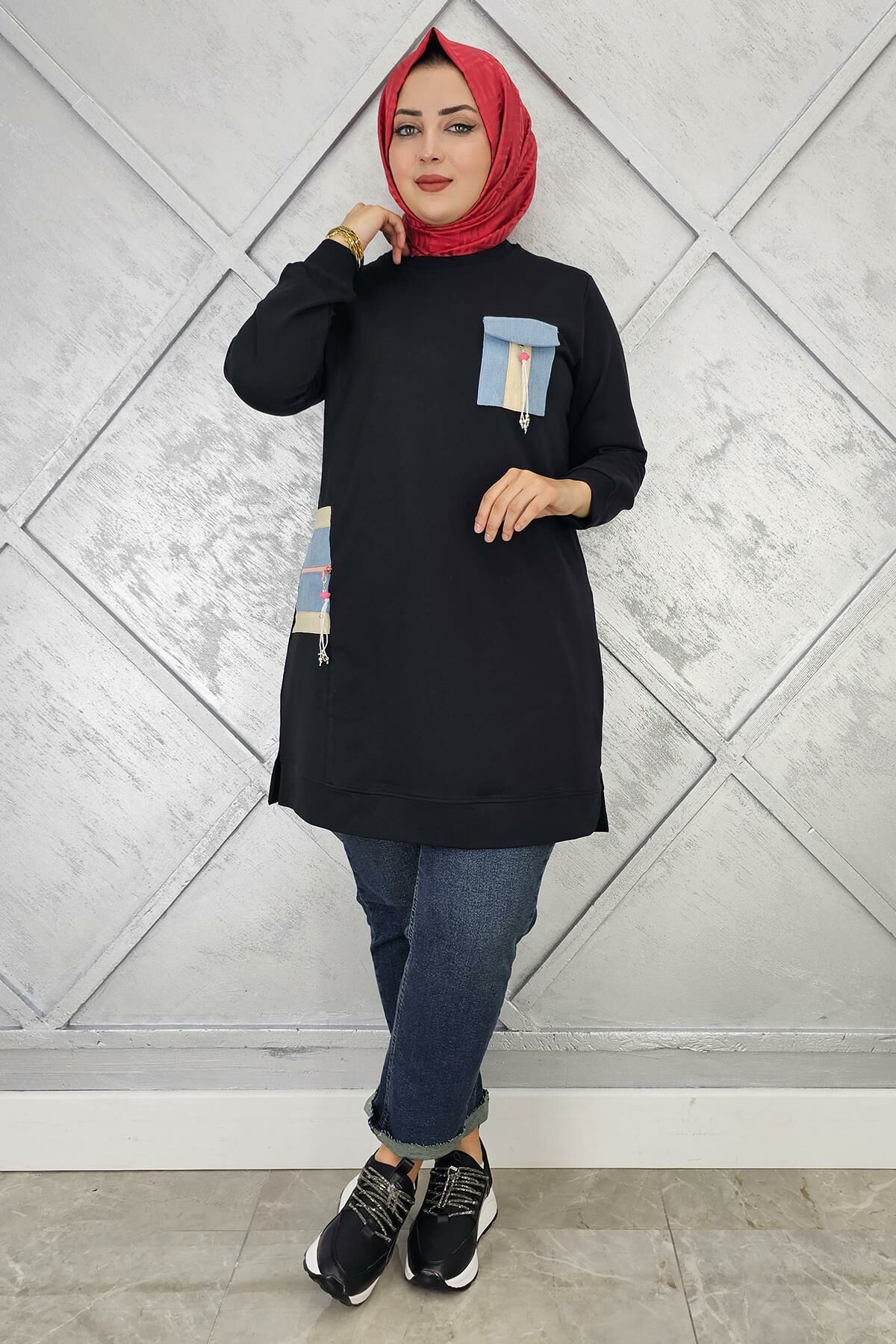 KADIN NERVÜR DİKİM TAŞ DETAYLI TESETTÜR TUNİK