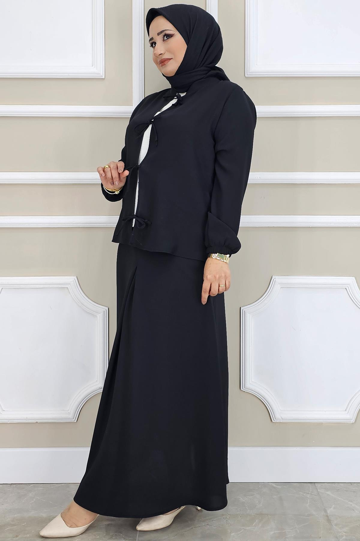 KADIN ÖNÜ BAĞCIKLI TESETTÜR 3 LÜ TAKIM SİYAH - 5 BEDEN