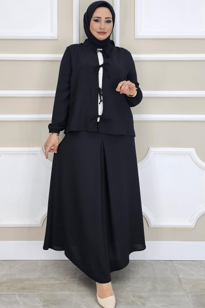 KADIN ÖNÜ BAĞCIKLI TESETTÜR 3 LÜ TAKIM SİYAH - 5 BEDEN