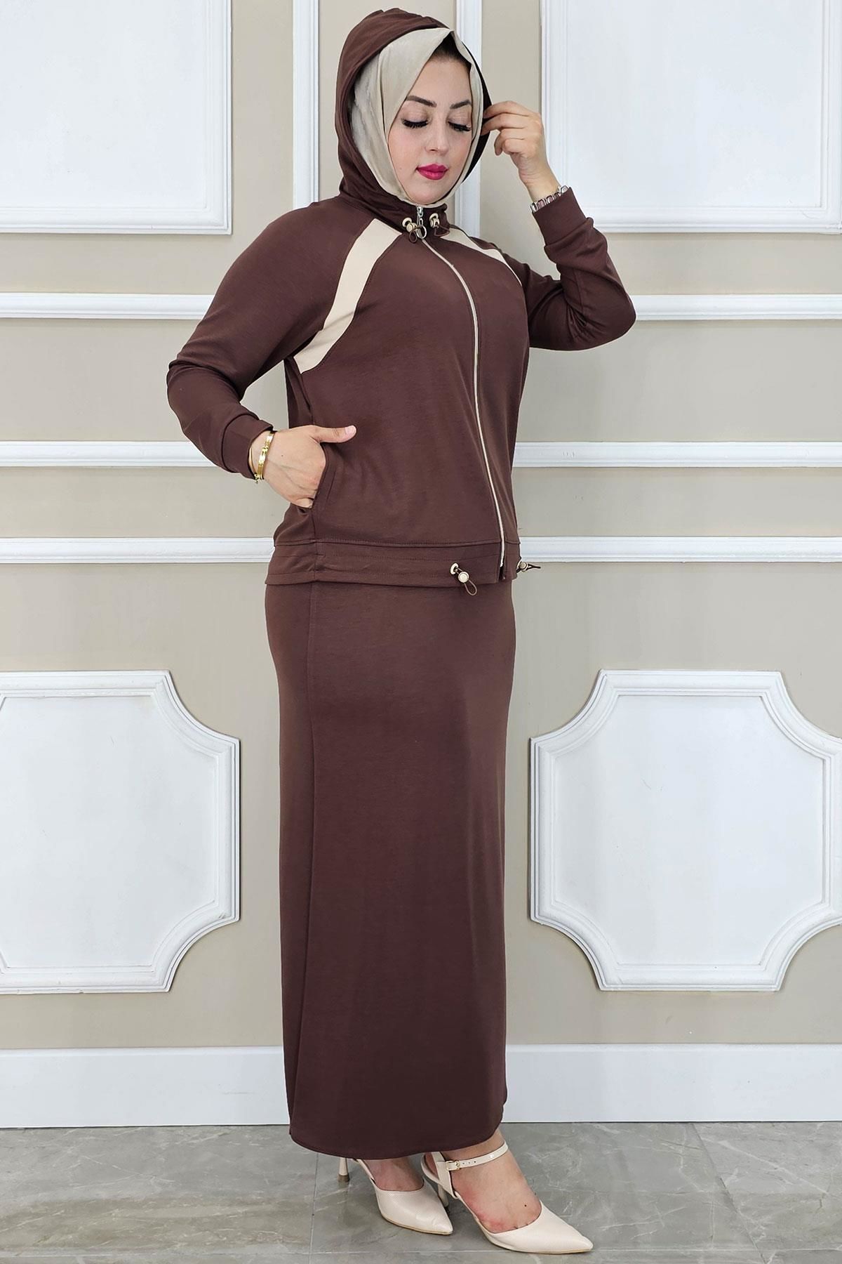 PYS KADIN KOMBİNLİ TESETTÜR TAKIM KAHVERENGİ - 3 BEDEN