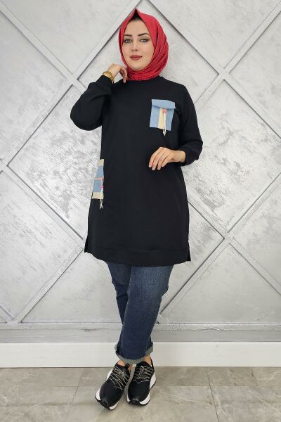 KADIN NERVÜR DİKİM TAŞ DETAYLI TESETTÜR TUNİK SİYAH - 2 BEDEN