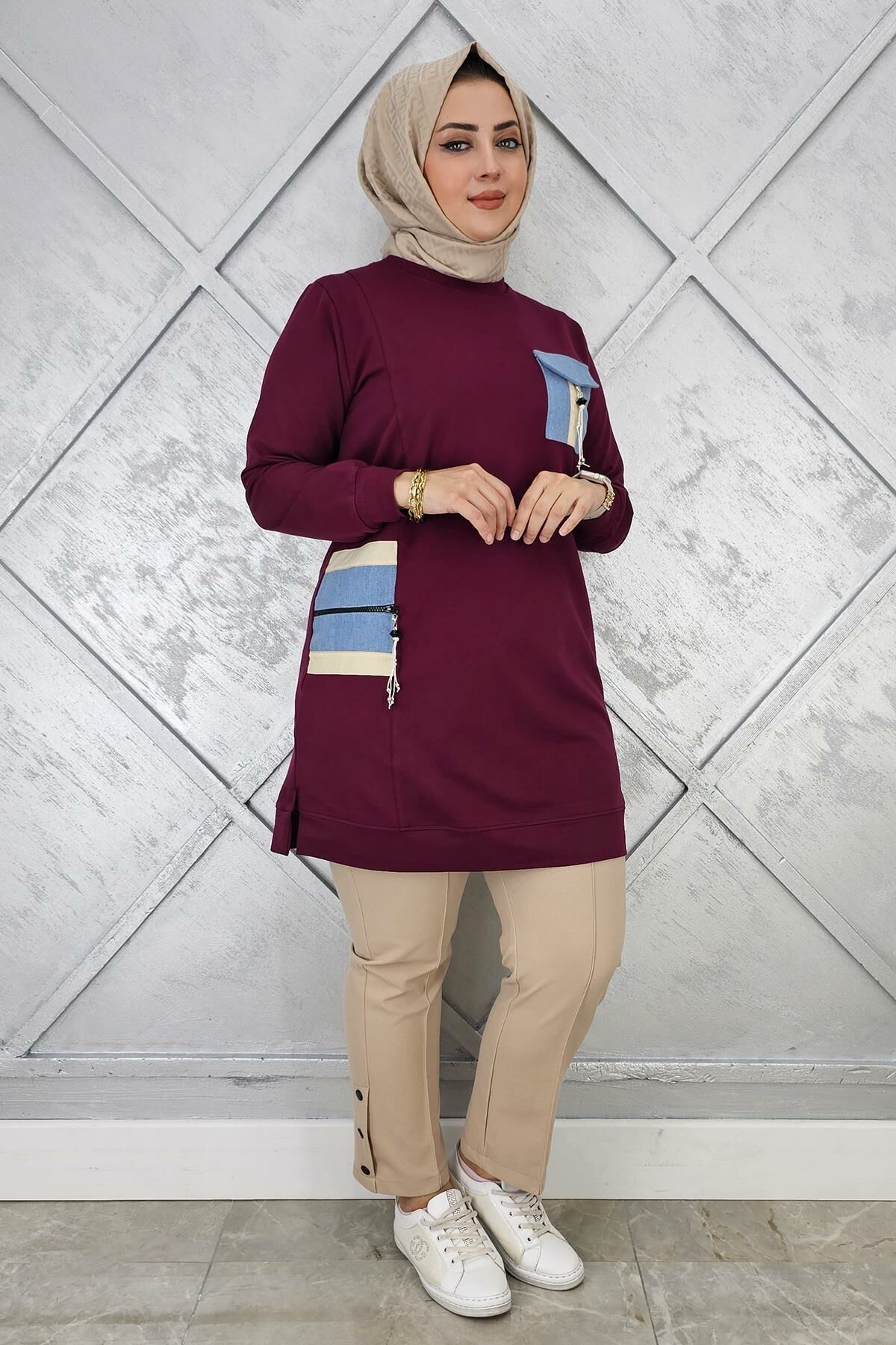 KADIN NERVÜR DİKİM TAŞ DETAYLI TESETTÜR TUNİK BORDO - 2 BEDEN