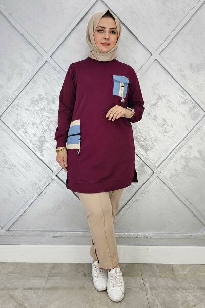 KADIN NERVÜR DİKİM TAŞ DETAYLI TESETTÜR TUNİK BORDO - 2 BEDEN