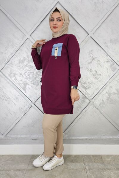 KADIN NERVÜR DİKİM TAŞ DETAYLI TESETTÜR TUNİK BORDO - 2 BEDEN