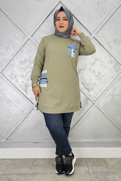 KADIN NERVÜR DİKİM TAŞ DETAYLI TESETTÜR TUNİK MİNT YEŞİLİ - 2 BEDEN