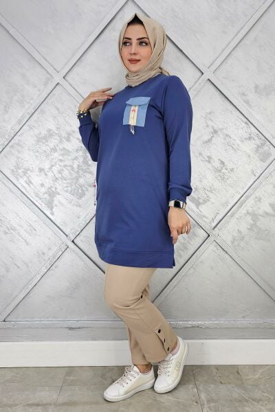 KADIN NERVÜR DİKİM TAŞ DETAYLI TESETTÜR TUNİK İNDİGO - 2 BEDEN