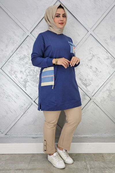 KADIN NERVÜR DİKİM TAŞ DETAYLI TESETTÜR TUNİK İNDİGO - 2 BEDEN