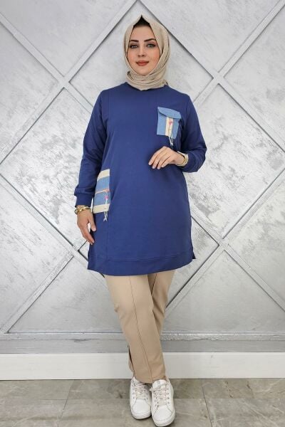 KADIN NERVÜR DİKİM TAŞ DETAYLI TESETTÜR TUNİK İNDİGO - 2 BEDEN
