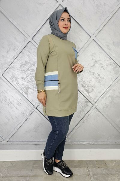 KADIN NERVÜR DİKİM TAŞ DETAYLI TESETTÜR TUNİK MİNT YEŞİLİ - 3 BEDEN