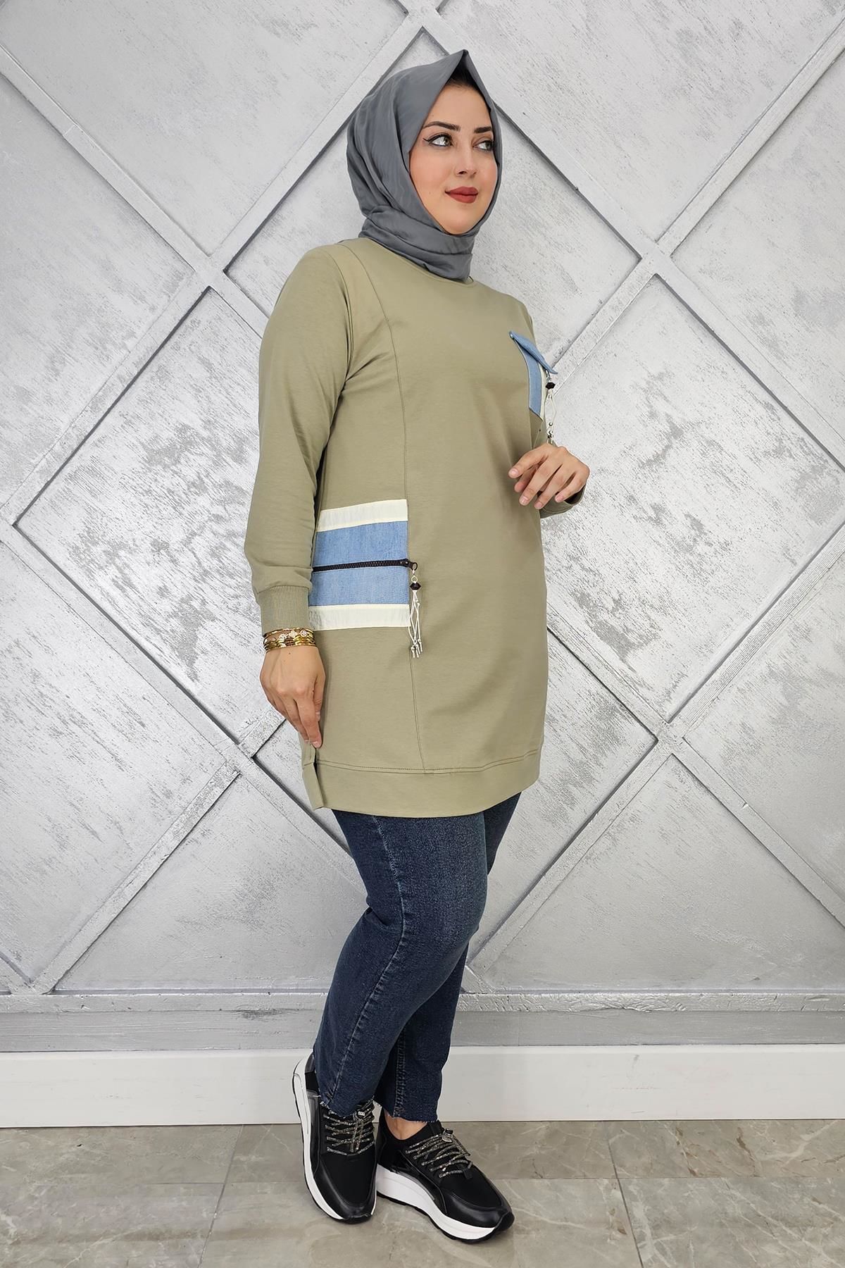 KADIN NERVÜR DİKİM TAŞ DETAYLI TESETTÜR TUNİK MİNT YEŞİLİ - 5 BEDEN