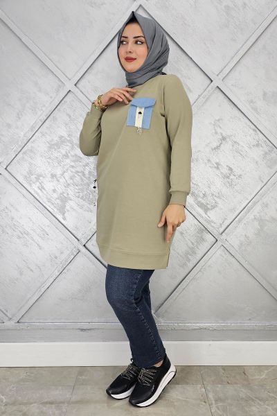 KADIN NERVÜR DİKİM TAŞ DETAYLI TESETTÜR TUNİK MİNT YEŞİLİ - 5 BEDEN
