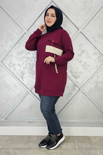 KADIN KOMBİNLİ TAŞ DETAYLI TESETTÜR TUNİK BORDO - L