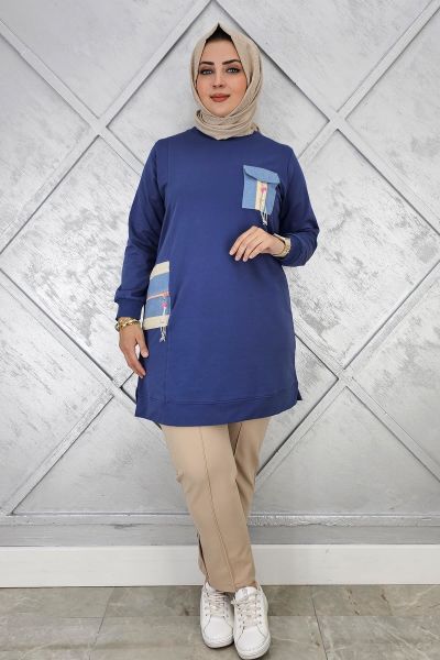 KADIN NERVÜR DİKİM TAŞ DETAYLI TESETTÜR TUNİK İNDİGO - 5 BEDEN